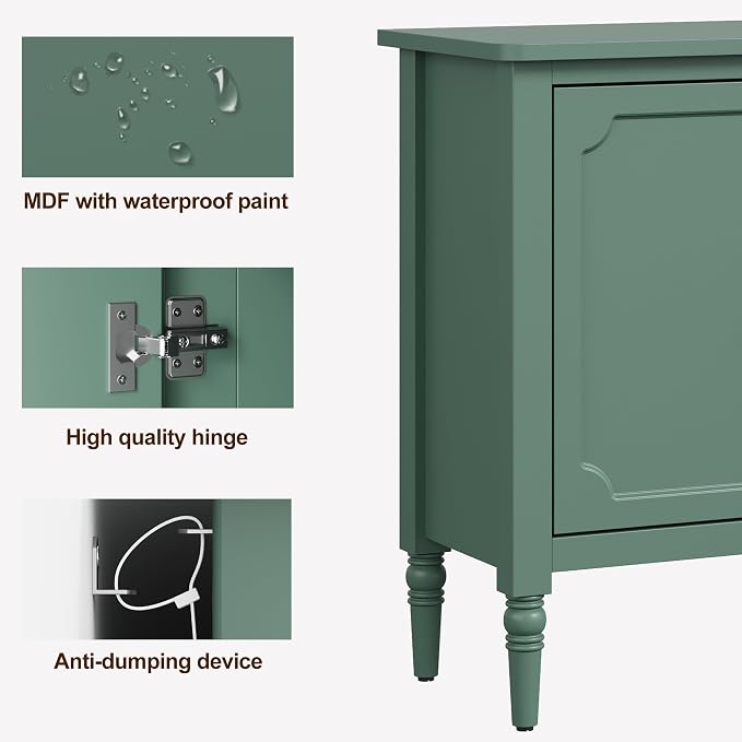 FansaFurn Green Storage Cabinet, Mid-Century Buffet Cabinet with 2 Doors & 3 Drawers, Accent Sideboard Cabinet with Adjustable Shelves & Turned Legs, Great for Entryway, Living Room, Dining Room