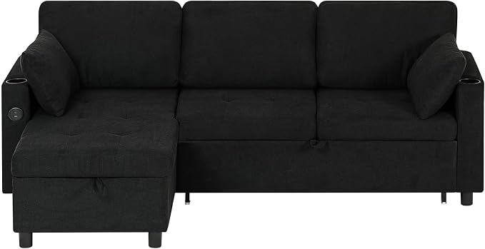84" Fabric Sleeper Sofa Bed w/Adjustable Backrests, L-Shaped Sectional Sofa Bed w/USB Port & Thickened Cushions, Convertible Pull Out Couch Bed w/Storage Bags for Living Room, Black