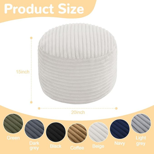 MeMoreCool Stuffed Round Pouf Ottoman Foot Rest, Soft Plush Floor Pouf Foot Stool, Corduray Footstool Footrest, Small Round Ottoman for Living Room Couch Sofa Chair, 20x15 Inch Beige