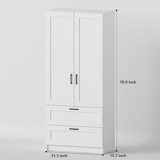 White Tall Kitchen Pantry Cabinet Organizers and Storage with Doors and Drawer and Adjustable Shelves,Wood Large Gabinetes Para Cocina Office Bookshelf for Laundry Room Cabinets (31.5”W*15.7”D*71”H)