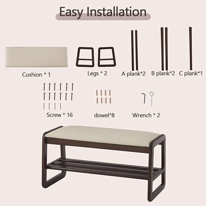 Achicsofar Shoe Rack Bench,2 Tier Solid Wooden Entryway Bench with Shoe Storage, Shoe Rack with Cushion for Living Room, Hallway(Pu Beige, 31.5")