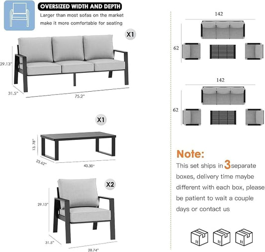 Aluminum Outdoor Patio Furniture Set, 4 Piece Sectional Coversation Sets with Coffee Table, Modern Outdoor Sofa Couch with Thick Cushions for Porch, Balcony, Garden, Light Grey