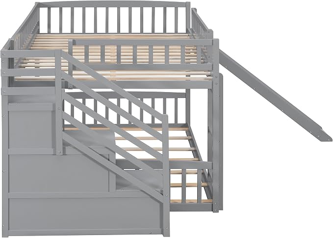 RUNNA Full Over Full Bunk Bed, Staircase with Drawers, Slide, Ladder | full over full bunk bed, staircase with drawers, convertible slide and ladder, solid pine wood, guardrails, no box spring