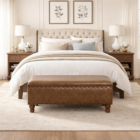HomePop Large Storage Bench with Nailhead Trim - Distressed Brown Faux Leather