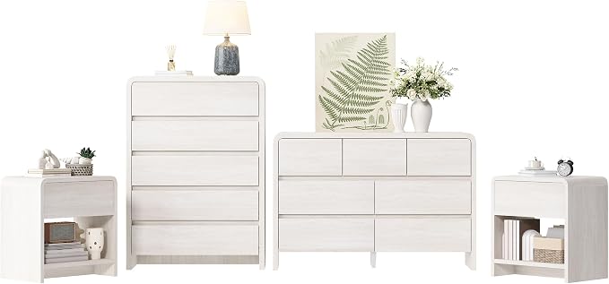 Modern 4-Piece Bedroom Furniture Set with 5-Drawer Dresser, 7-Drawer Dresser and 2 Nightstands, Large Storage Capacity, Rounded Corners, Flexible Combination Design, Anti-Tip Kit Included, White