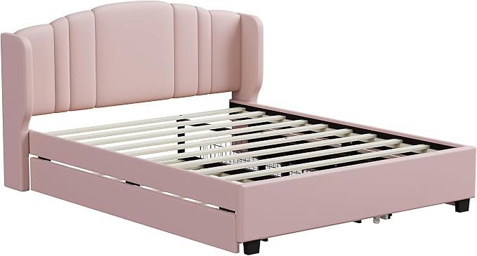 Merax Queen Size Platform Bed Frame with Twin Trundle, Storage 2 Drawers and Upholstered Headboard, No Box Spring Needed