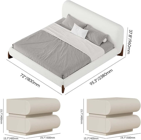 homary Queen Size Upholstered Bed with 2 Two-Drawer Nightstands – Modern Bedroom Set with Wireless Charging, USB Ports, Faux Leather & Bouclé Upholstered Bed Frame with Headboard