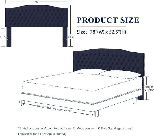 Furpopup Linen Upholstered Headboard King/Cal King Size Latest Model Wall Mount, Bed Frame Mount, Featuring High-Density Sponge Padding, Luxury Texture Easy Assembly Comfort and Style-Navy Blue