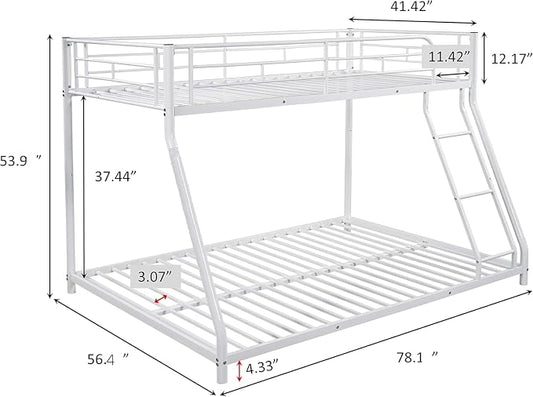 EMKK Twin Over Full Bunk Bed Metal Bunk Beds for Teens Adults, Heavy Duty, Twin Over Full Size Bunk Beds with Ladder & Safety Guardrails,No Box Spring Needed,Easy to Assemble,White