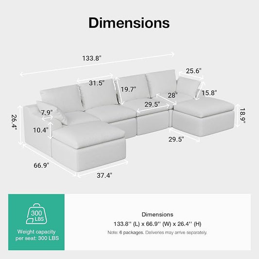Novilla 133.8" Modular Cloud Couch, Modern Sectional Sofa with Smarts Coil® Support, Chenille Fabric, Upholstered Couch for Living Room Apartments Bedroom, No Assembly, 4 Seater + 2 Ottoman, White