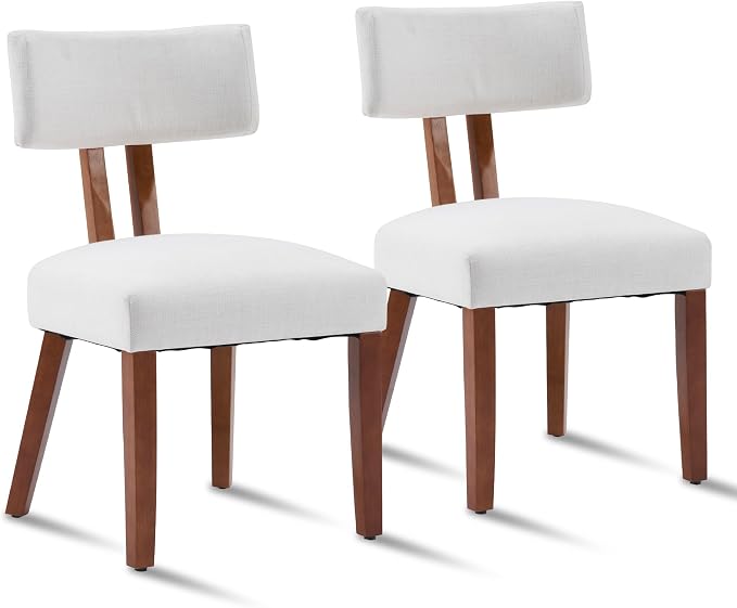 MOJAY Dining Chairs Set of 2, Mid Century Modern Kitchen Chairs Farmhouse Linen Fabric Side Chairs with Curved Backrest for Kitchen, Dining Room, Restaurant, or Patio, Off-White