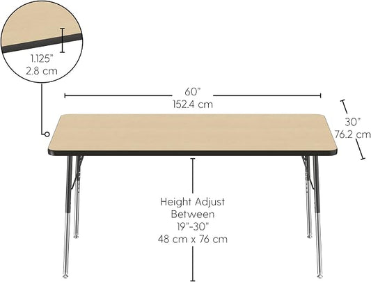FDP Rectangle Activity School and Office Table (30 x 60 inch), Standard Legs with Swivel Glides, Adjustable Height 19-30 inches; Quick Ship Single Box - Maple Top and Black Edge