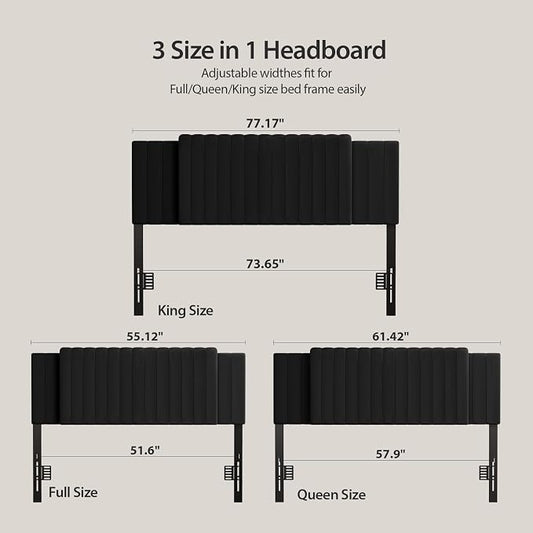 Upholstered Tufted Velvet Headboard, 3 in 1 Headboard for Full/Queen/King Size Bed, Height & Width Adjustable Head Board, Attach Frame, Study & Comfortable, Ideal for Bedroom, Dorm, Guest Room, Black