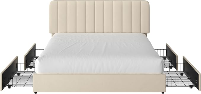 VECELO Full Size Upholstered Bed Frame with 4 Drawers and Headboard, Velvet Platform Storage Bedframe, Wooden Slats Support, No Box Spring Needed,Beige