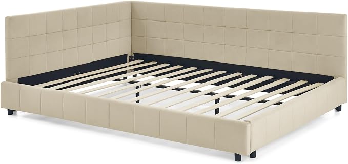 Bellemave Queen Size Corner Bed Frame with Comfortable Backrest and Armrests, Velvet Tufted Corner Bed Frame Queen Size, Upholstered Daybed for Bedroom, Living Room, Guest Room, Beige