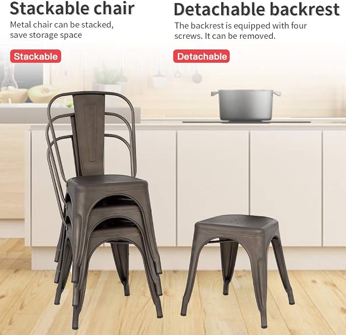 FDW | Set of 4 Metal Dining Chairs | Bronze | Stackable Tolix Side Chairs with Backrest | Scratch-Resistant | Non-Slip Feet | Indoor/Outdoor Use | 330 lbs Capacity | Ideal for Kitchen & Restaurant