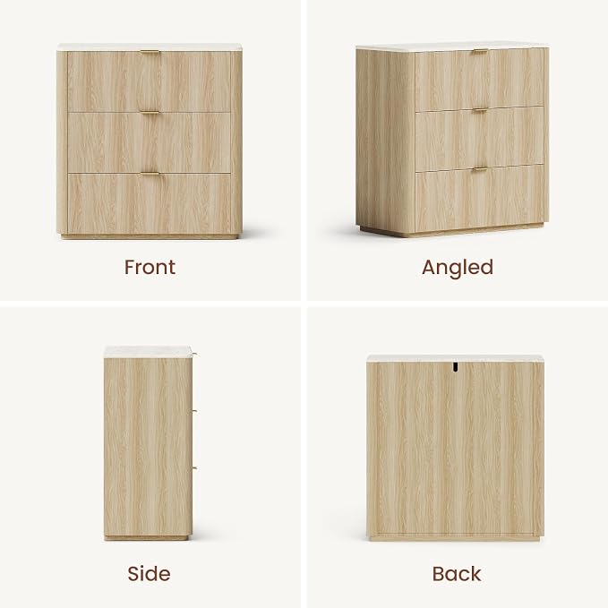 ModernMate 3 Drawer Dresser with Curved Profile & Faux Travertine Texture, 31.5" Large Nightstand Anti-Tip Chest of Drawers for Bedroom, Living Room, Natural Oak