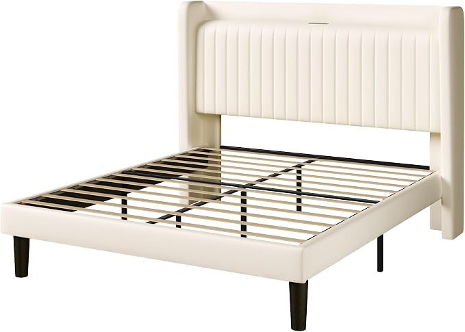 Allewie Queen Size Platform Bed Frame with USB Charging Station and Storage Shelf/Upholstered Velvet Wingback Headboard/Wooden Slats Support/No Box Spring Needed/Easy Assembly, Cream