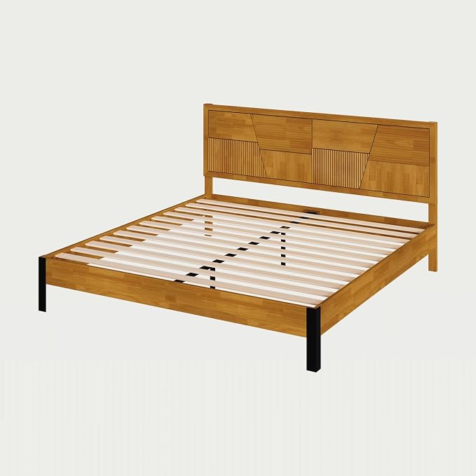 Bme Trapeze King Bed Frame – Modern Solid Wood Bed with Smooth Pattern Headboard, Black Metal Legs, Teak Brown Finish – Durable King Size Platform Bed for Contemporary Bedrooms