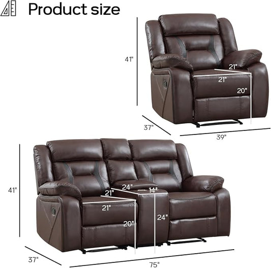 EBELLO Manual Recliner Sofa Set, Faux Leather Reclining Living Room Furniture Set, Included Single Recliner Chair and Manual Loveseat Sofa, Dark Brown