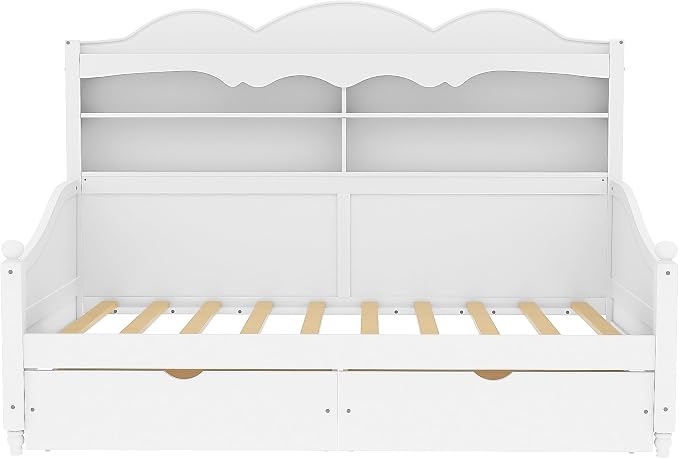 Merax Twin Daybed with Storage Drawers, Wood Twin Day Bed with 3-Tier Storage Headboard Shelves, Retro Style Twin-Size Daybed for Bedroom Guest Room, No Box Spring Needed, Easy Assembly, White
