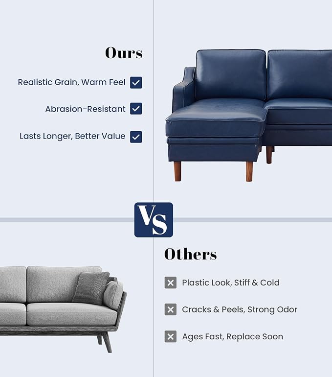 Kingfun 88" L-Shape Sofa, Faux Leather Sectional Couch, Mid Century Modern Couches with Solid Wood Frame for Living Room Bedroom