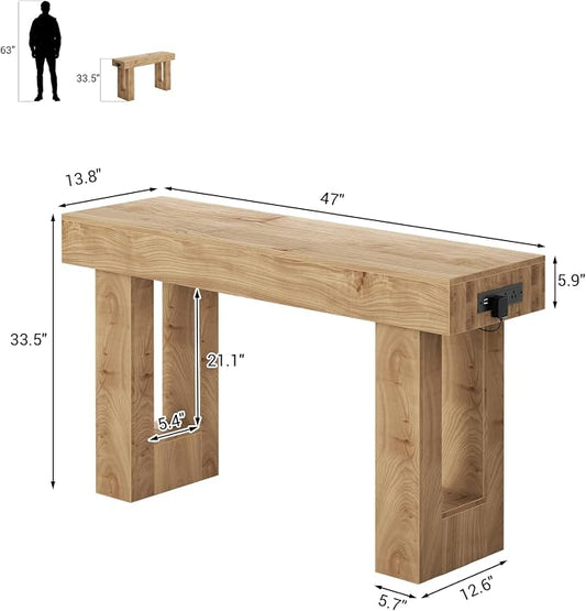 Unikito 47" Entryway Table with Socket and Sensor Light, Narrow Console Table with Storage Behind Couch, Farmhouse Entry Way Tables with Open Storage for Entrance/Hallway/Living Room, Natural Oak
