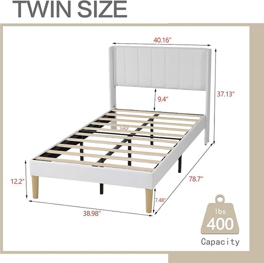 AGARTT Upholstered Platform Bed Frame Twin Size with Headboard and Footboard/Wooden Slats Support/No Box Spring Needed/Easy Assembly,White Linen