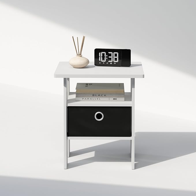 Furinno TIDUR Night Stand, Open Shelf Design Nightstand with Storage Bin, Bedside Table, End Table, Side Table, for Bedroom, Closet, Dorm, White