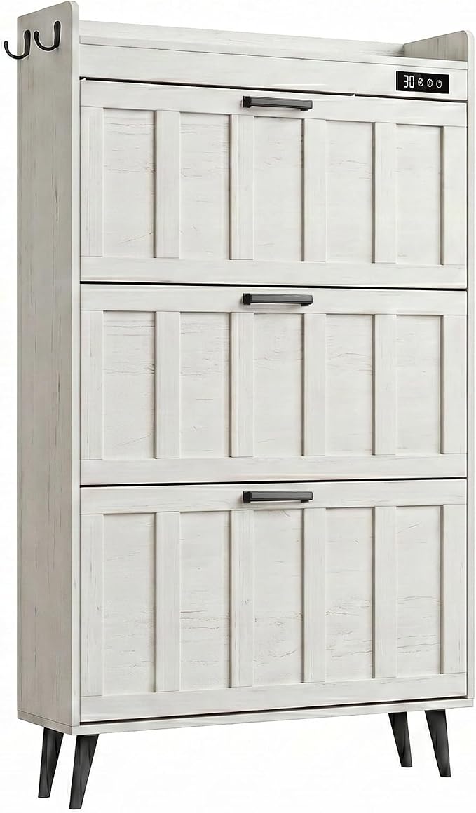 ChooChoo Shoe Storage Cabinet with 3 Flip Drawers, Deodorizing Shoe Organizer Storage for Entryway, Freestanding Hidden Slim Narrow Shoe Rack Cabinet, Antique White