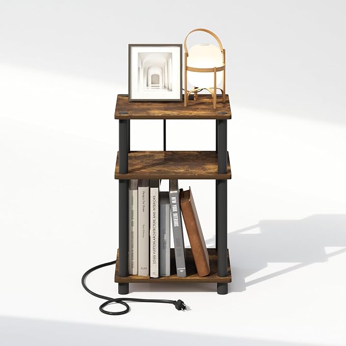 Furinno JUST Night Stand, 3-Tier Turn-N-Tube Nightstand with Charging Station, Bedside Table, End Table, Side Table with USB and Type-C Port, for Bedroom, Closet, Dorm, Amber Pine