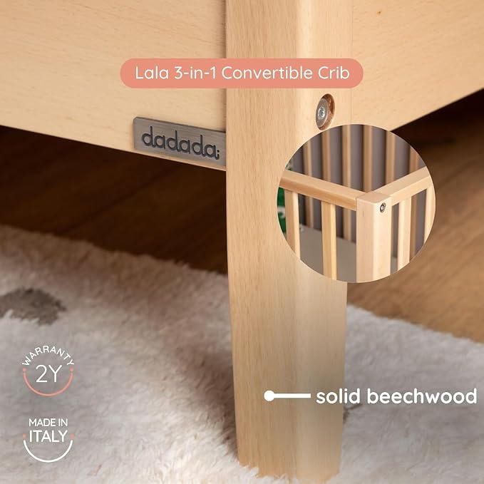 dadada Baby LaLa 3-in-1 Convertible Crib - Wood Crib Converts into Toddler Bed & Daybed - Greenguard Gold Certified, Made in Italy - 3 Adjustable Mattress Heights - Solid Beechwood (Natural)