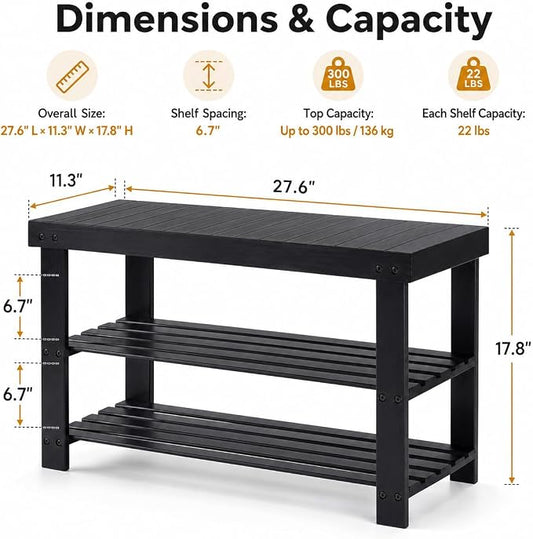 Shoe Rack Bench, 3-Tier Shoe Storage Organizer for Entryway , Shoe Shelf for Small Spaces, Multi-Functional Side Table Plant Stand, Shoe Stand for Bedroom, Living Room, Closet, Front Door, Black