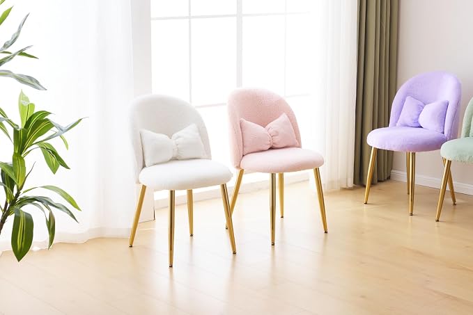 VINGLI Fluffy Girls Vanity Chair with Back & Pillow,Cute Small Cozy Desk Chair No Wheels,Comfy Makeup Ch with Ajustable Gold Legs,for Bedroom,Living Room,Small Space,Pink