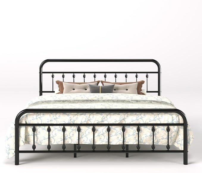 SHA CERLIN King Size Metal Platform Bed Frame with Victorian Style Iron-Art Headboard and Footboard, Easy Assembly, Under Bed Storage, No Box Spring Required, Black