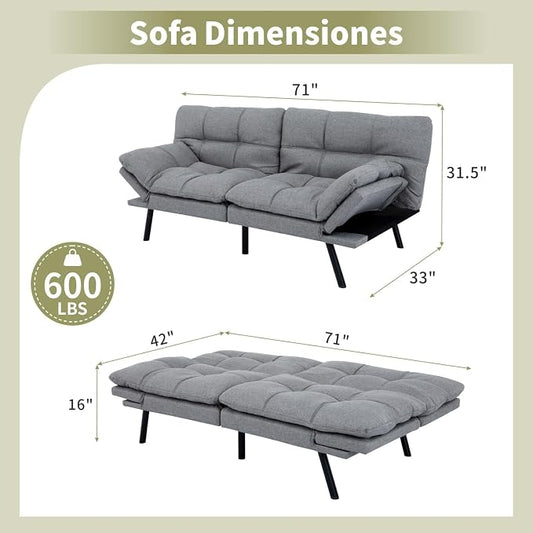 Vipbear 71" Futon Sofa Bed - Convertible Sofa Beds/Adjustable Backrest & Armrest,Detachable Cushion, Loveseat Sleeper for Small Spaces, Apartments & Offices, Silver Grey Futons