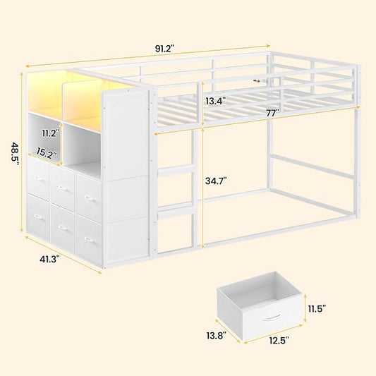 BTHFST Bunk Bed Twin Over Twin with 6 Large Fabric Drawers & 4 Wooden Storage Bookshelf Organizer, Metal Low Bunk Bed for Kids with LED Lights & Safety Ladder and Guardrail, Space Saving