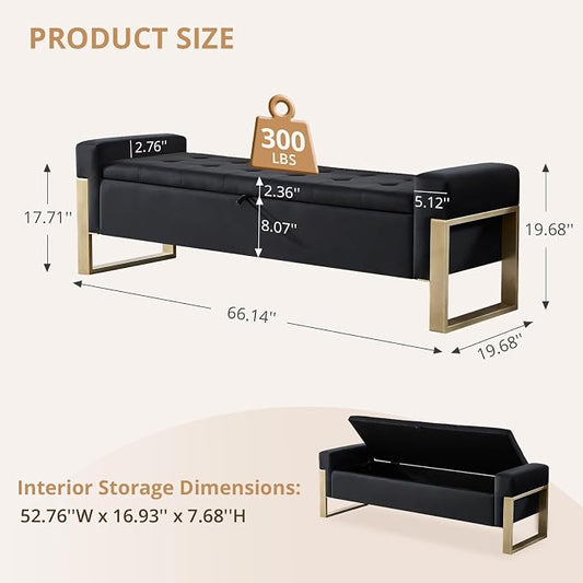 End of Bed Storage Bench, 67'' Benches for Bedroom Foot of Bed King Size, Upholstered Velvet Tufted Storage Ottoman Bench with Gold Legs for Window Living Room Entryway, Black