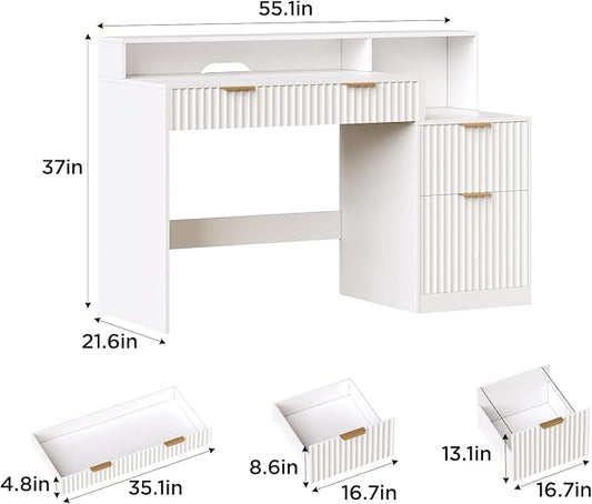 Vabches Fluted Computer Desk with Power Outlets, Home Office Desk with Drawers, Printer Stand, Wood Computer Desk with Long Monitor Stand, White