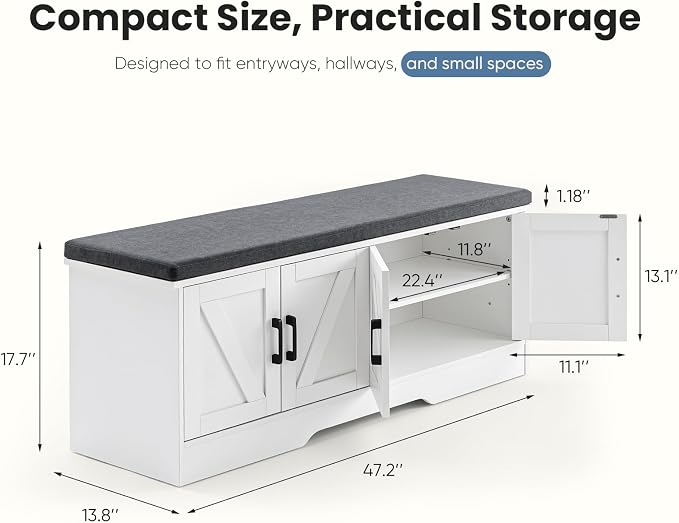 NEWBULIG Shoe Storage Bench for Entryway with Cushion, 47.2IN, White | Shoe Organizer Cabinet with Padded Cushion and Doors, Adjustable Shelves, Shoes Bench for Hallway, Mudroom, Bedroom