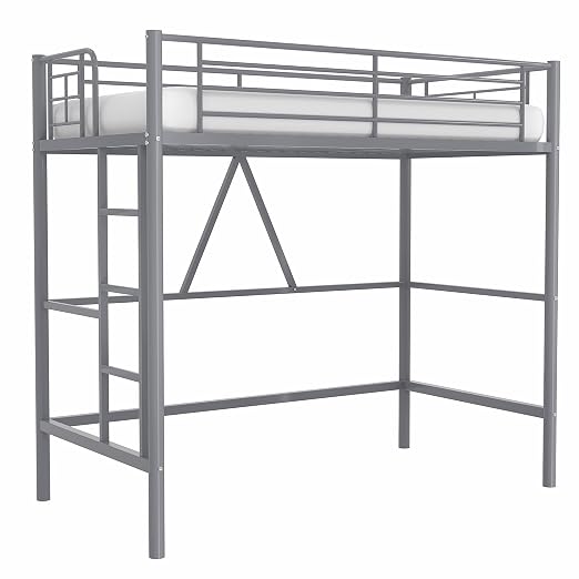 VECELO Metal Loft Bed Twin Size, Heavy Duty Bedframe with Removable Ladder and Safety Guardrail, Space-Saving, Noise Free, No Box Spring Needed, Grey