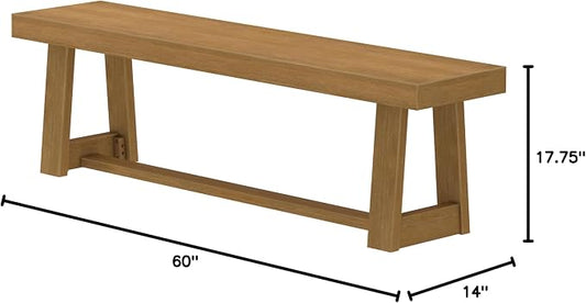 Plank+Beam 60 Inch Farmhouse Dining Bench, Solid Wood Entryway Bench, Wooden Outdoor Bench, Kitchen Dining Seat, Dining Room, Home Office, Living Room Furniture, Easy Assembly, Pecan Wirebrush