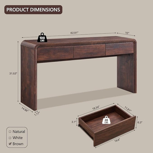 Aitjunz 63'' Console Table with 3 Drawers, Modern Entryway Table with Curved Profile Design, Narrow Long Wood Sofa Table Behind Couch Table for Living Room, Hallway, Foyer, Brown