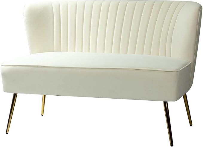 TINA'S HOME Contemporary Velvet Loveseat Sofa, Upholstered Loveseat Couch with Golden Metal Legs, Small Tufted 2-Seat Sofa Armless Love Seat for Living Room, Bedroom, Apartment Small Spaces, Ivory
