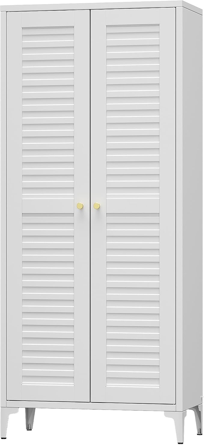 63.6" White Metal Pantry Storage Cabinet, Farmhouse Kitchen Cupboard with 3 Adjustable Shelves, Magnetic Closure, Anti-Tip Kit & Raised Legs for Kitchen, Living Room, Assembly Required