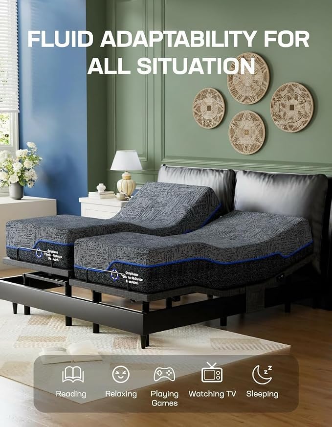 Marsail Queen Adjustable Bed Frame with Head & Foot Incline, Wireless Remote, 4 USB Ports & LED Night Light, Electric Adjustable Bed Base with 4 Height Options