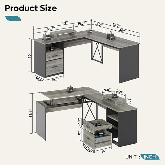 Bestier L Shaped Standing Desk with Lift Top, 55"x55" Standing Corner Desk for Home Office, Computer Desk with Reversible File Drawer and Monitor Stand, Grey Wash