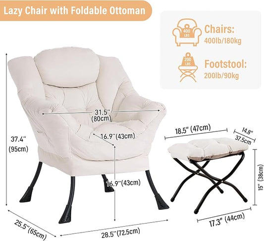Furlide Lazy Chair with Ottoman, Modern Chair with Folding Footrest, Lounge Accent Chair, Comfortable Reading Chair, Oversized Armchairs for Bedroom, Study, Living Room, Courtyard (Beige)