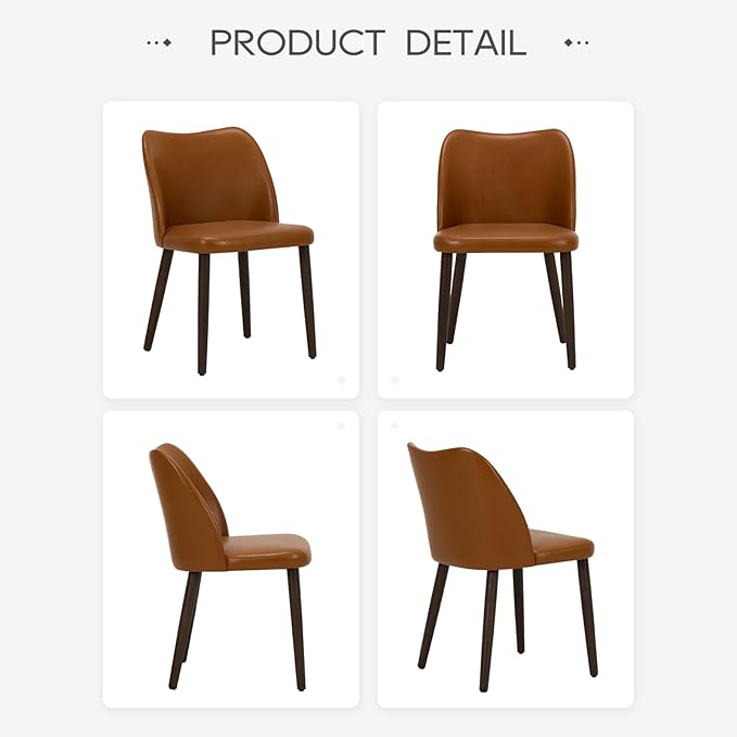 COLAMY Dining Chairs Set of 4, Upholstered Leather Kitchen Chairs with Curved Back, Padded Seat and Solid Wood Legs, Modern Dining Chair for Kitchen Dining Room,Light Brown