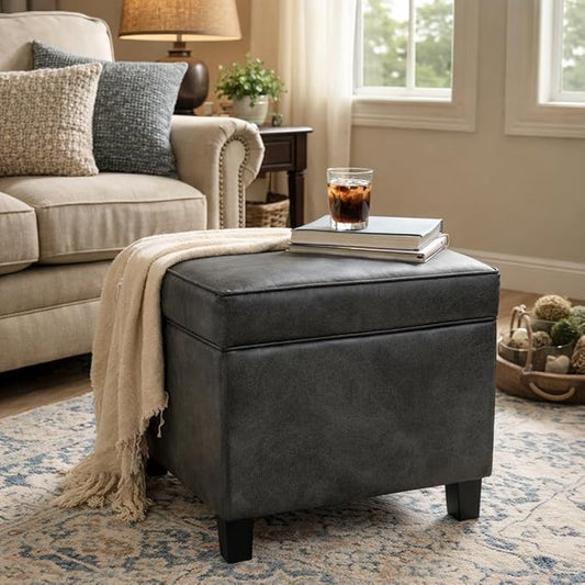 HomePop Square Ottoman with Lift Off Top - Gray Faux Leather Small